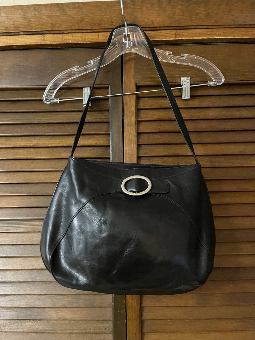 Kenneth Cole New York Black Leather Shoulder Bag with Silver Accent